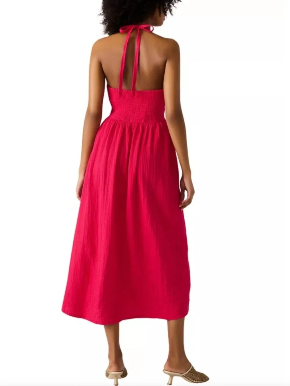 Steve Madden Cotton Gauze Pink Cranberry Halter V-Neck Midi Dress Women's Sz Med - Picture 9 of 11